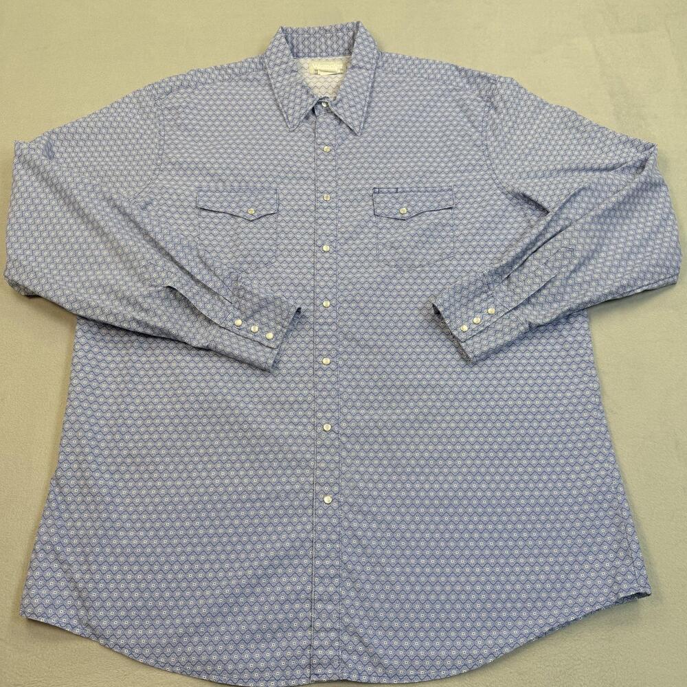 Wrangler Wrancher Shirt Mens 2XLT Blue Geometric Long Sleeve Snap Front Western